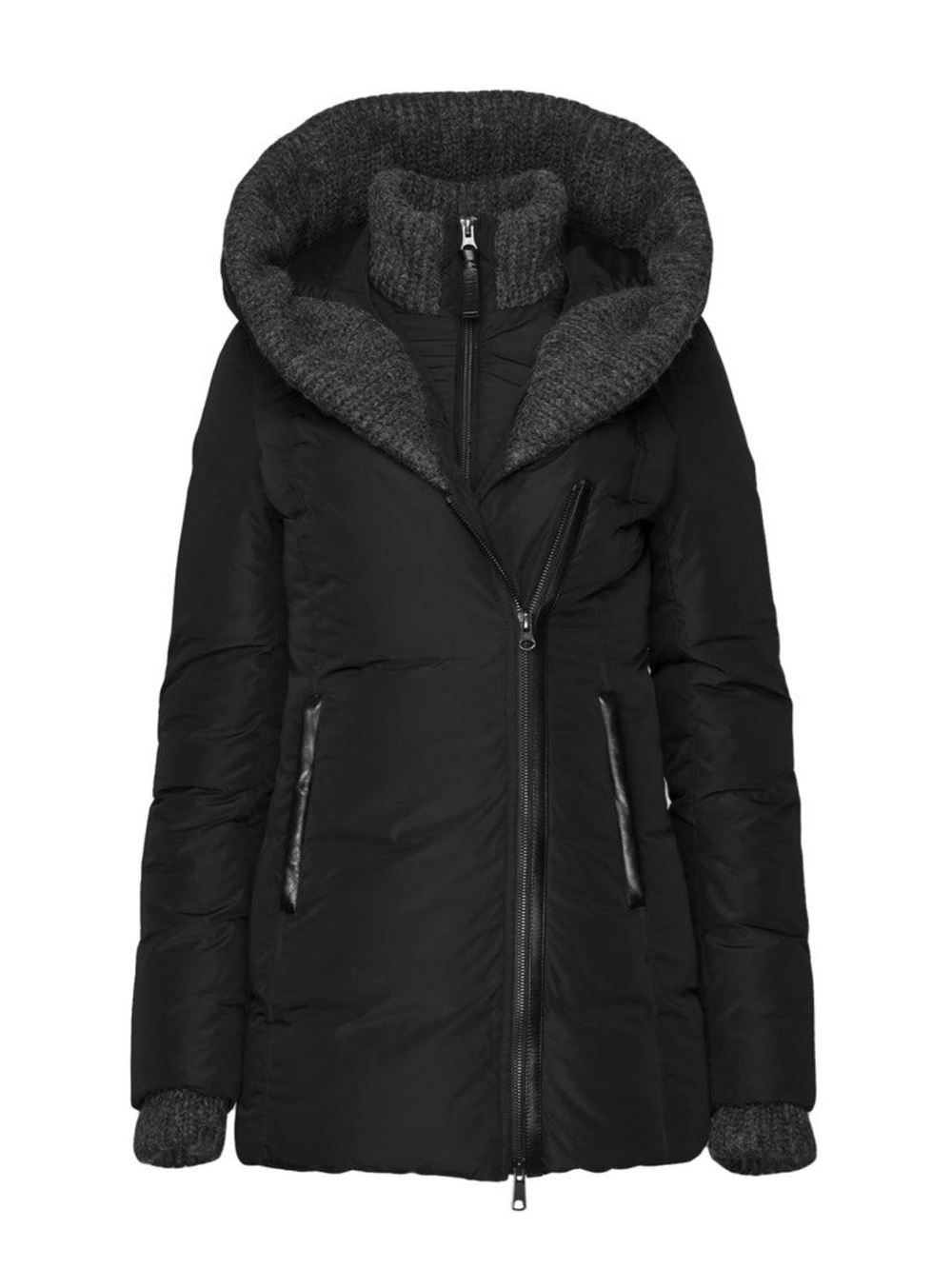Women’s Black Quilted Puffer Coat with Knit Collar